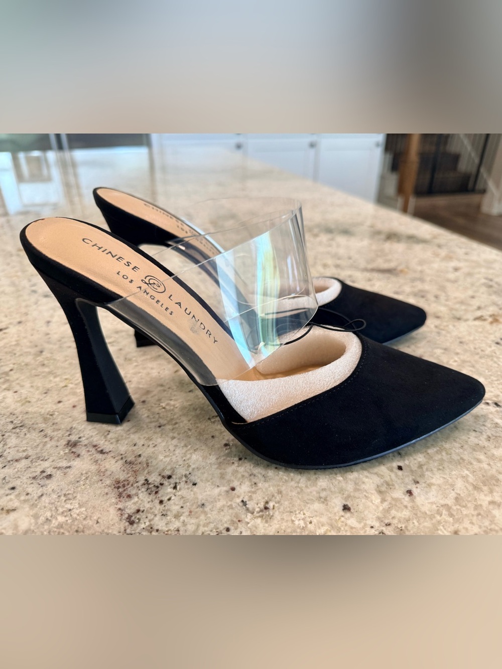 Chinese Laundry Black Suede Heeled Mules with Clear PVC Strap NEW